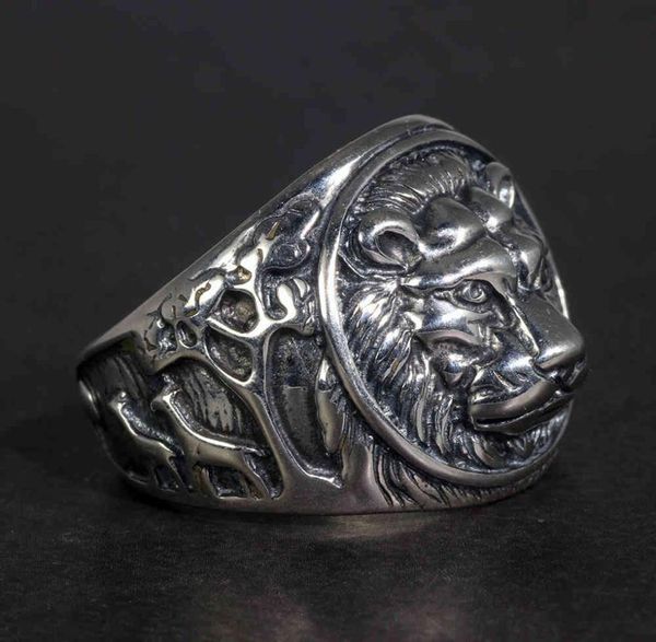 

rings solid 925 sterling silver mens lion ring vintage steampunk retro biker for men trees deers engraved male jewelry2213256, Golden;silver