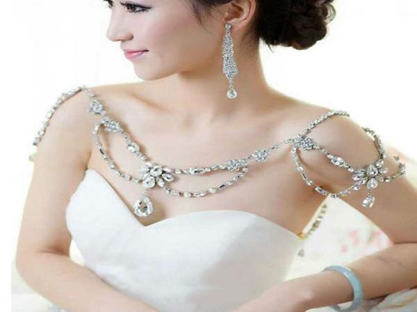 

vintage wedding bridal shoulder chain necklace body chain silver crystal rhinestone flower tassel wrap jewelry women prom pendant 1044491