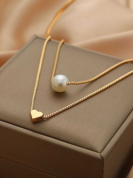 

women's accessories faux pearl heart decor layered necklace, Golden;silver