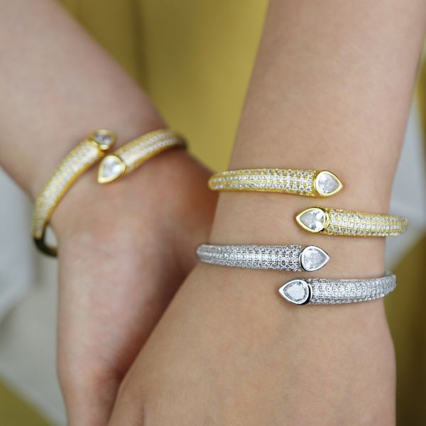 

designer adjustable size water drop zircon bracelet ring hip hop iced out paved bling cubic zirconia jewelry set, Silver