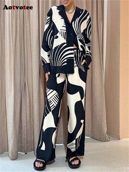 

womens two piece pants aotvotee print 2 set women fashion office lady single breasted autumn casual high waisted stright 230724, White