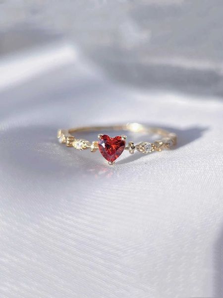 

women's accessories cute red heart ring inlaid cubic zirconia simple sweet style gift for women and teen girls, Silver