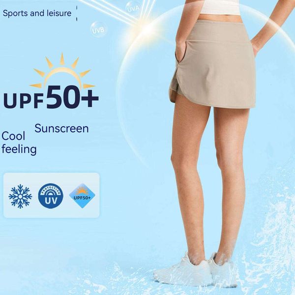 

women skirt cool sensation upf50+ sun protection fitness loose fitting two-piece pocket sports short skirt elastic waistband flesh skirts lu
