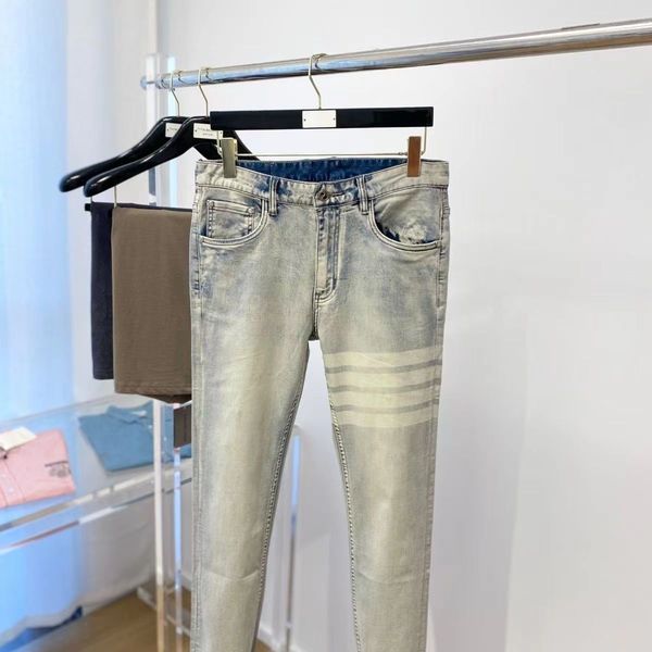 

designer classic men's jeans striped letter sewn rip trend brand motorcycle pants slim straight pants, Blue