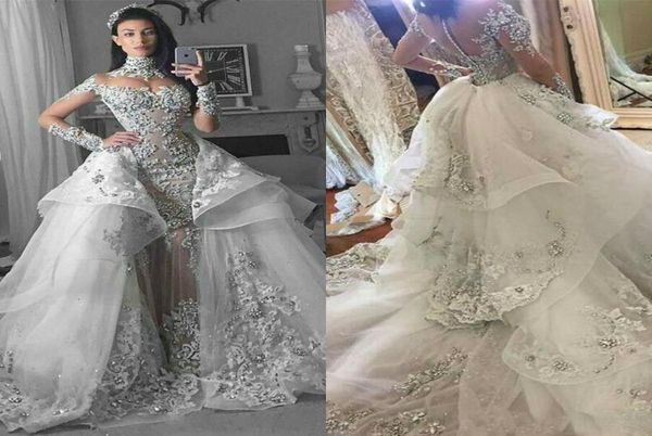 

luxury crystals wedding dresses with detachable train high collar long sleeve wedding dress arabic dubai vintage vestido de novia7299350, White