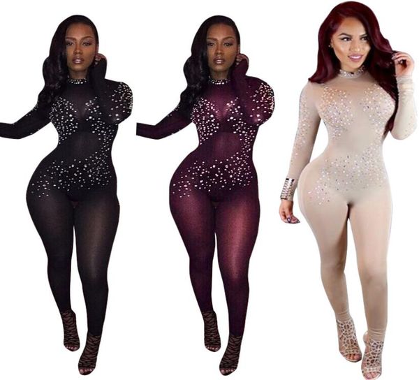 

whole 2017 see through women black mesh jumpsuit long sleeve club party bodysuit women sequined dot bodycon jumpsuit6259602, Black;white