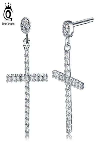 

orsa zircon earrings pure sterling silver earrings for womenmen real 925 sterling silver cross stud earrings fashion jewelry se371640380, Golden;silver