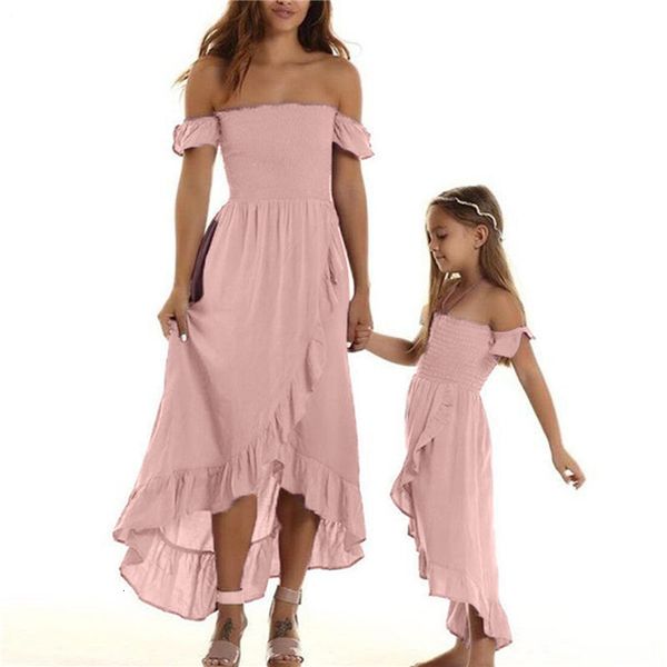 

family matching outfits summer mother and daughter dresses off shoulder dress with ruffled hem sweet tube style clothing 230724, Blue