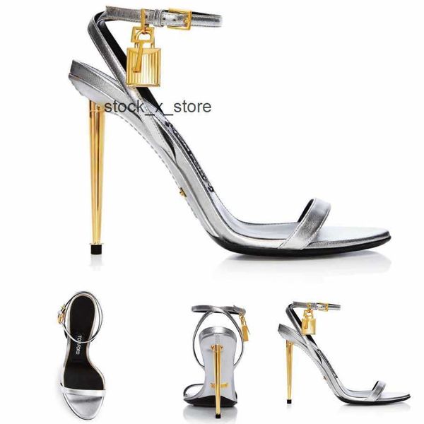 

and tom-fords sliver leather sandals women high heels sandal shoes key padlock wedding party dress gold heels ankle strap gold-lock 35-43 bo, Black
