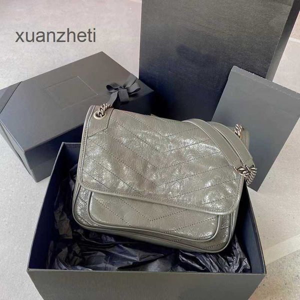 

satchel bag women's designer niki chain original factory leather new version buckle wood bag elephant postman pleated oil wax bmxn