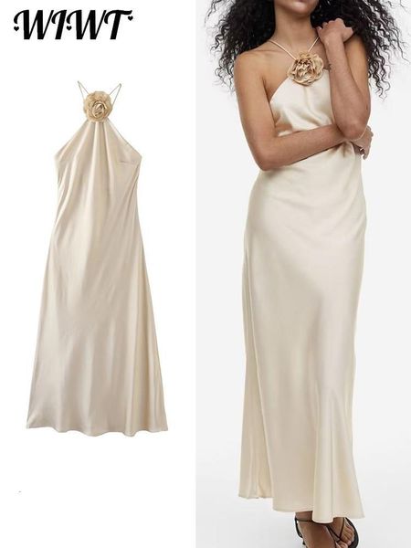 

basic casual dresses elegant flower camisole midcalf women summer satin halter backless party dress female lace up evening robe 230724, Black;gray