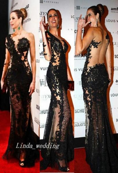 

black colour sheath column oneshoulder long sleeves sheer applique floorlength evening dress celebrity dress7632212, Black;red