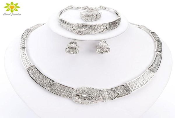 

women silvergold plated dubai african white cz diamond austrian crystal necklace bracelet earring ring wedding jewelry set1487419, Slivery;golden