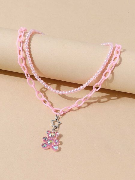 

women's accessories 2pcs star bear pendant necklace, Silver