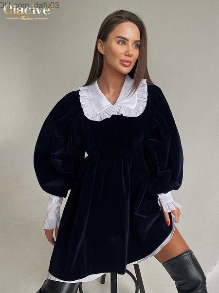 

basic casual dresses basic casual dresses clacive winter black velvet womens fashion doll collar lantern sleeve mini dress elegant loose z23, Black;gray