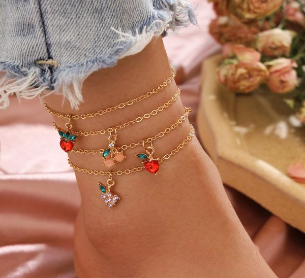 

4pcsset women anklets chains fruit pattern beach anklets barefoot sandals foot chains leg bracelets foot bracelet ankle chain foo1682733, Red;blue