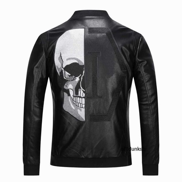 

motorcycle plein philipps men's pp skull embroidery leather fur jacket thick baseball simulation collar jacket coat, Black