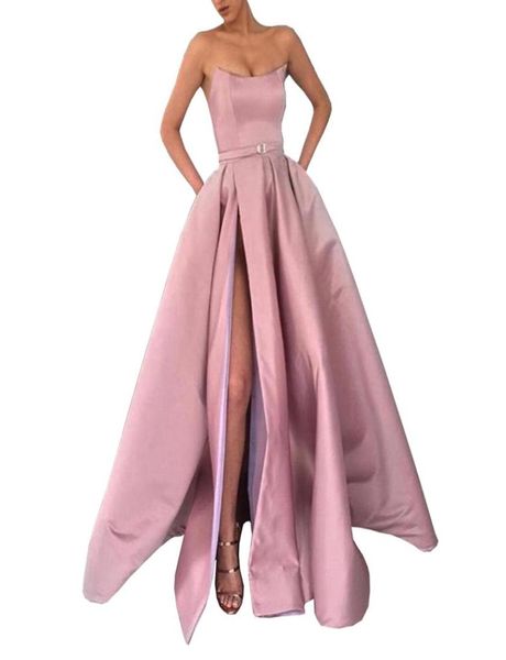 

2019 robe de soiree burgundy prom dress with pockets side slit strapless satin elegant evening party gowns women long formal dress6587136, Black