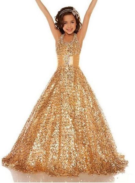 

gold lovely new arrival custom made 2019 a line flower girl dress halter sleeveless backless ribbons empire sequined floorlength 4957036, White;blue