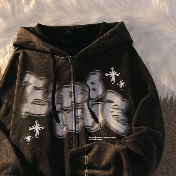 

womens hoodies sweatshirts letter fuzzy printing design sense niche loose y2k hooded zipper hoodie women street vintage cardigan aesthetic 2, Black