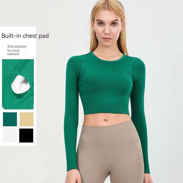 

lu-80 women long sleeve seamless sports for women with chest cushion rib high elastic slim fit off waist nude ebb seamless weaving yoga clot