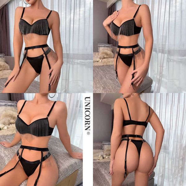 

nxy 2023 metal tassel fancy lingerie 3piece garter bilizna erotic intimate underwear women set designer bra and panty set 230717, Red;black