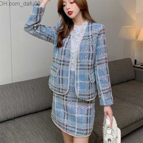 

two piece dress two piece dress luxury design plaid tweed 2 set women beaded trim woolen coat bodycon mini skirt sets autumn winter suit 220, White