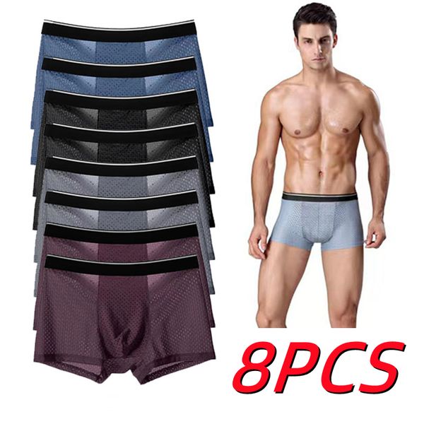 

underpants mens boxershorts set men panties ice silk summer men underwear cotton crotch breathable hollow shorts large size mens boxer 23072, Black;white