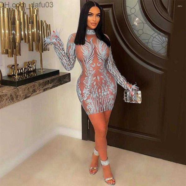

basic casual dresses casual dresses year 2022 party club outfits sheer mesh long sleeve mini dress women glitter sequin embellished birthday, Black;gray