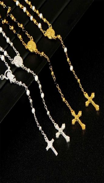 

4mm rosary stainless steel beaded cross pendant chain and jesus necklace religion necklaces1259102, Silver