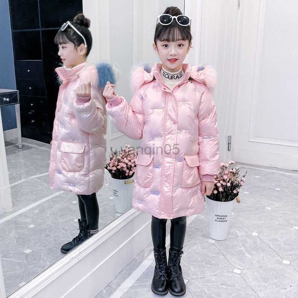 

down coat jacket wadded girl winter parkas coat 2023 new fashion big fur collar solid thick bright no wash teenager clothes hkd230725, Blue;gray