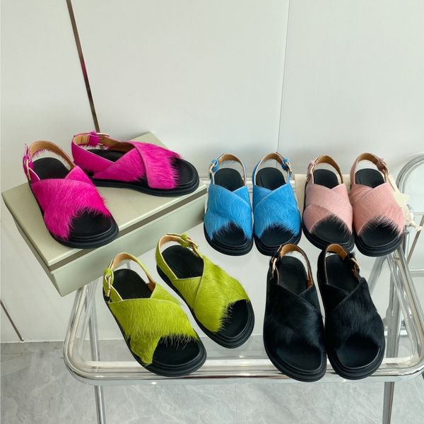 

2023 fussbett cross slide designer sandal women real leather slingback calf hair fur furry sandals luxury summer shoes slip on flats mule pl, Black