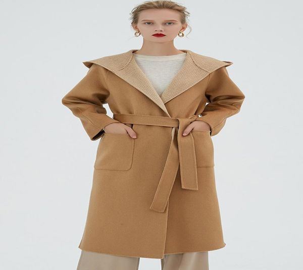 

2019 hooded camel water moire double sided womens cashmere coats ladies belted waist wool coats dhl 3727430, Black
