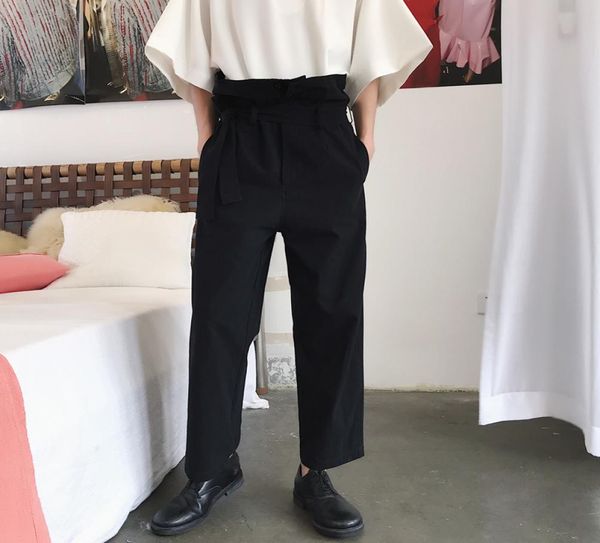 

mixcubic 2018 england style unique high waist design pants men casual loose flange waist pants for men trouserssize mxxl2671677, Black