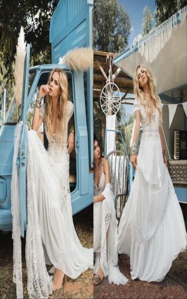 

vintage bohemian beach 2023 wedding dresses deep v neck lace appliqued short sleeves bridal gowns sweep train boho wedding gown6191408, White
