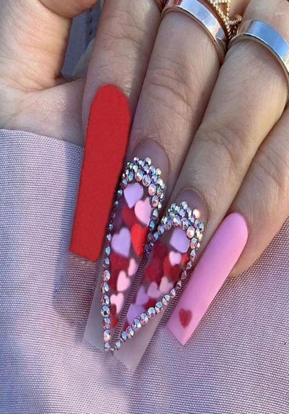 

false nails 24pcs long red pink heart design coffin wearable french ballerina fake full cover nail tips press on5789002, Red;gold