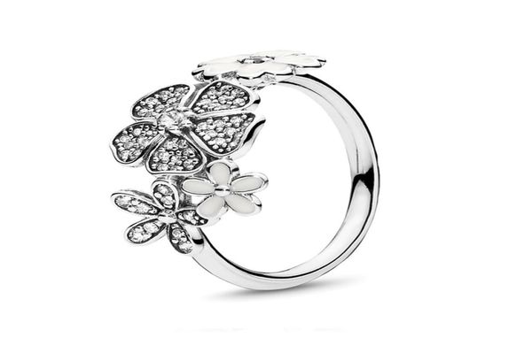 

925 sterling silver white enamel shimmering bouquet ring fashion luxury designer jewelry flower women rings with charmes origina1020697, Golden;silver