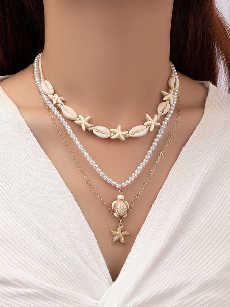 

women's accessories 3pcs/set european americana beach vacation style natural random seashell turquoise starfish faux pearl braided chai, Silver
