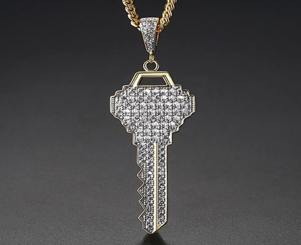 

new men039s key pendants necklace ice out cubic zircon gold color fashion rock street hip hop jewelry with chain for gift6300292, Silver