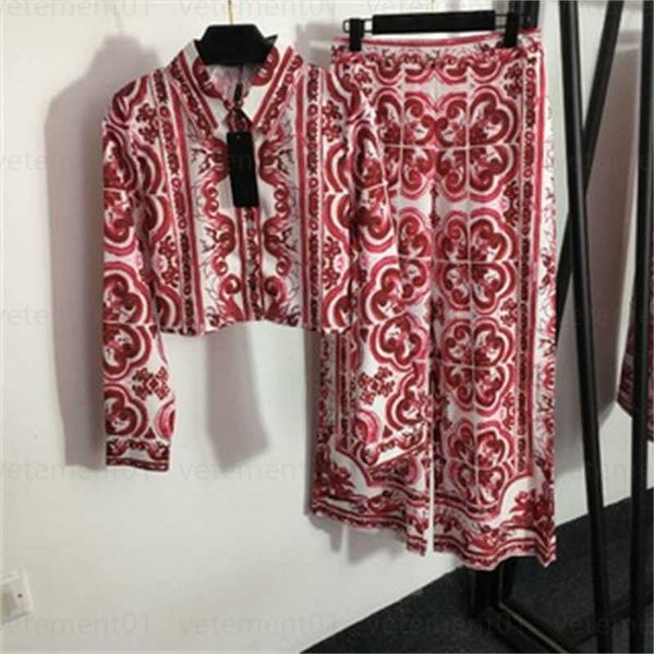 

designer shirt with loose pant two piece set vintage floral print short long sleeve blouse wide leg pants red blue available women tracksuit, Gray