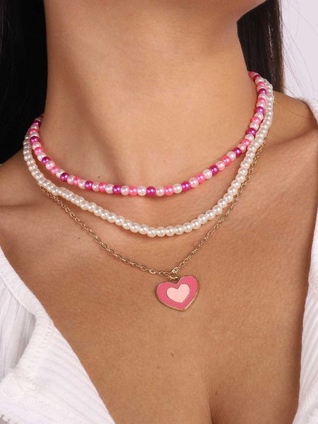 

women's accessories 3pcs heart charm faux pearl decor necklace, Silver