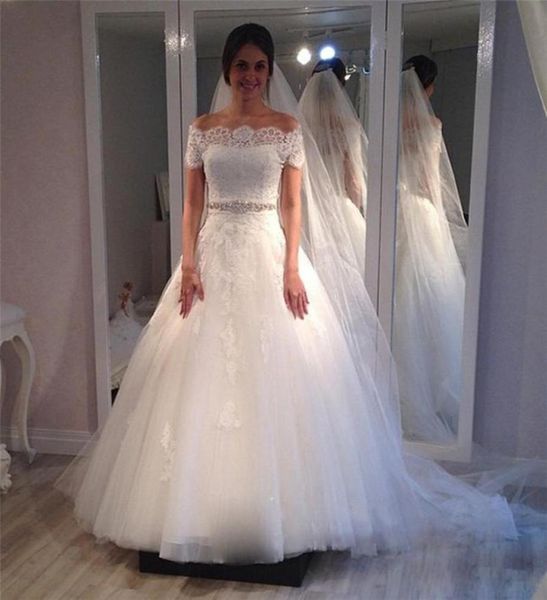 

romantic princess wedding dresses short sleeve with crystals sash elegant white bridal gowns vestido de casamento5352429