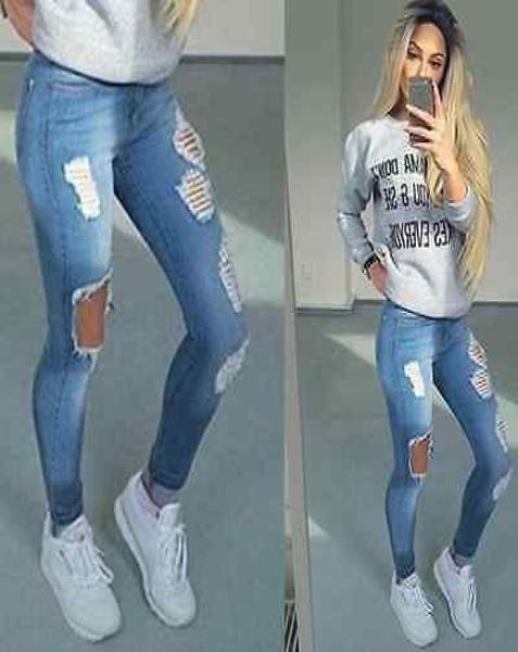 

stylish women039s pencil stretch casual hole denim pants high waist jeans trousers2745728, Blue