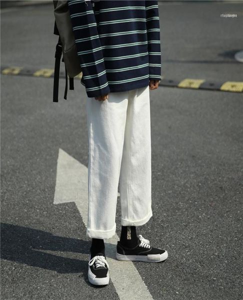 

spring summer 2022 fashion white denim jeans men straight hong kong style trendy loose brand drop wide leg casual cropped pants me4953365, Blue