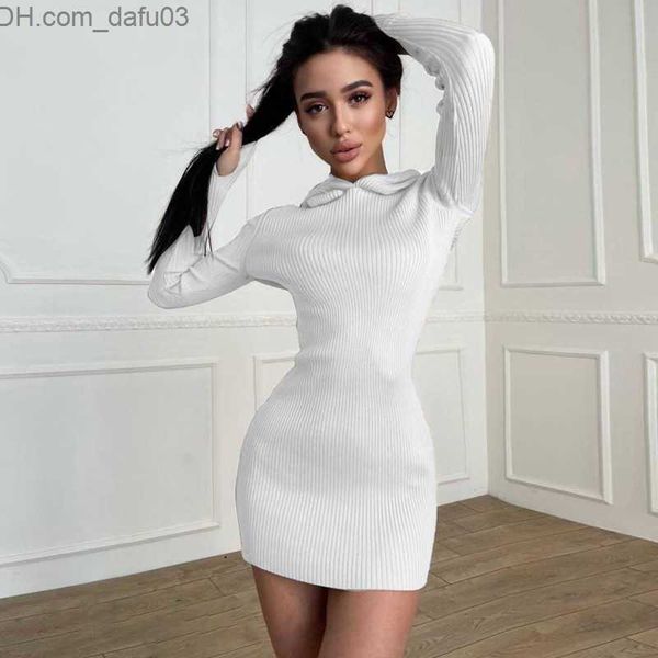 

basic casual dresses casual dresses wjfzqm autumn winter women knitted dress fashion hooded elastic slim vestidos whiter casual knit z230726, Black;gray