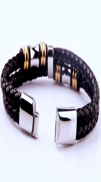 

leather woven titanium steel bracelet0123456789102027861, Golden;silver