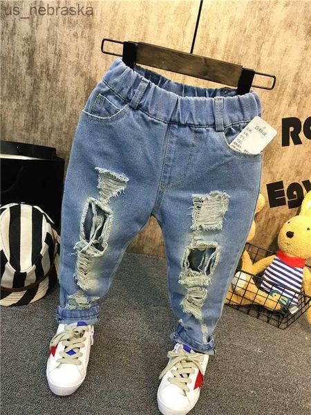 

spring children's denim pants for 26years baby boy girl loose jeans new fashion korean style casual holes sto jeans l230518, Blue