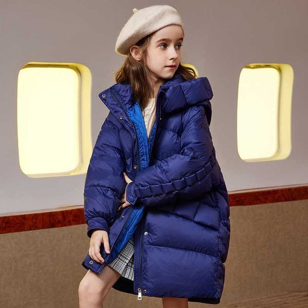 

down coat 2022 winter new children's clothing girls' fashion hooded navy warm thick down jacket big kid's winter outfit 90% d, Blue;gray