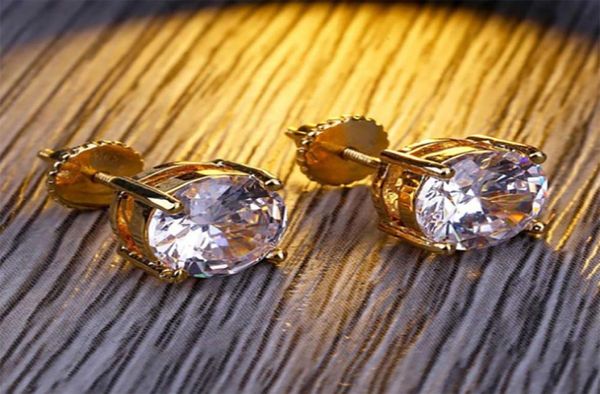 

360 round cz micro pave bling bling earrings 14k gold plated hip hop jewelry iced out stud earrings with safety screw back flat2046953, Golden;silver