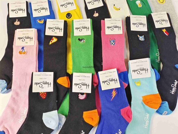 

2023 fashion sock hosiery happysocks cotton embroidered medium long tube double needle women's swedish trend simple and versatile four, Black;white